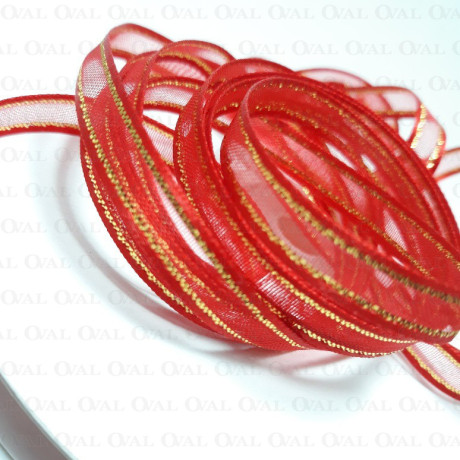 Tasiemka Szyfonowa 6mm/50y czerwono złota 3547