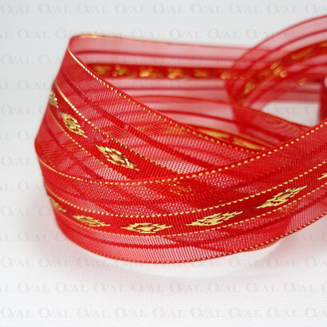 Tasiemka Szyfonowa 25mm/25y czerwono złota 3555