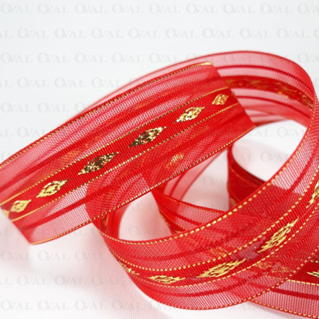 Tasiemka Szyfonowa 25mm/25y czerwono złota 3555