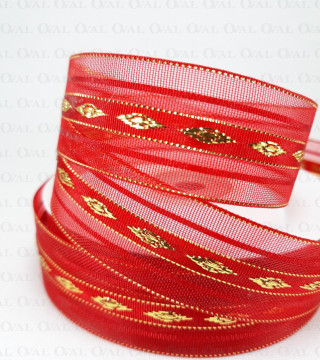 Tasiemka Szyfonowa 25mm/25y czerwono złota 3555