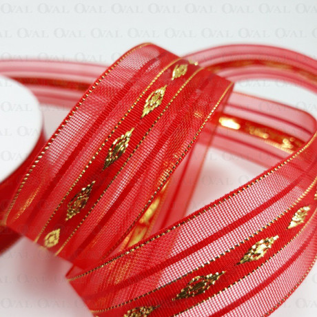 Tasiemka Szyfonowa 25mm/25y czerwono złota 3555