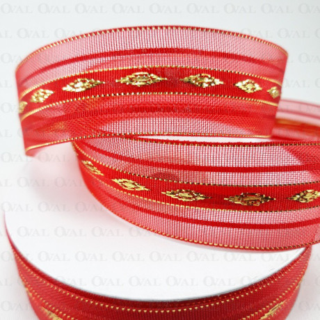 Tasiemka Szyfonowa 25mm/25y czerwono złota 3555