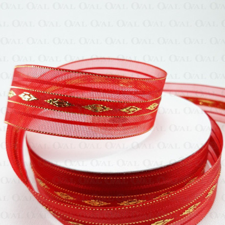Tasiemka Szyfonowa 25mm/25y czerwono złota 3555