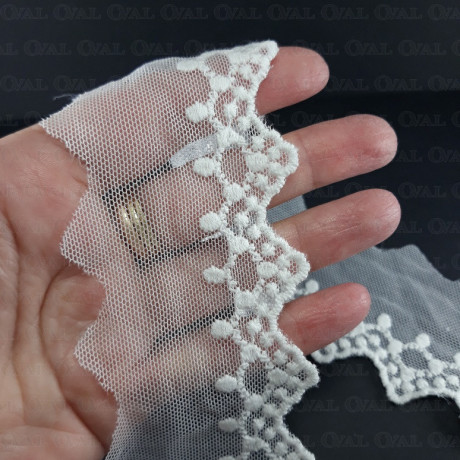 Lace, embroidery on tulle 60 mm / 15.5 yds, 19.5 yds or 1 yd white 4775