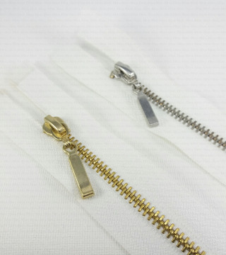 Metal separating zips, silver/gold, various lengths, 1949