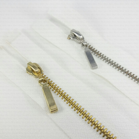 Metal separating zips, silver/gold, various lengths, 1949