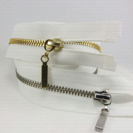 Metal separating zips, silver/gold, various lengths, 1949