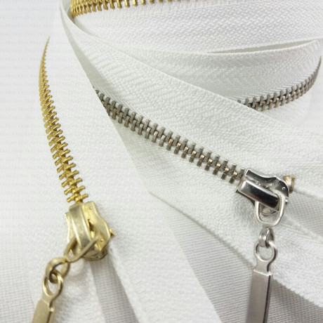 Metal separating zips, silver/gold, various lengths, 1949