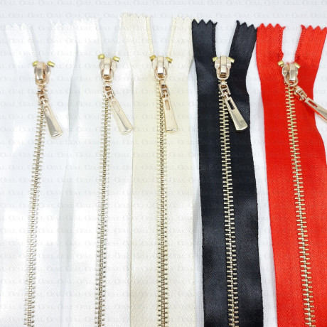 60 cm metal zips on satin tape/gold teeth 2247